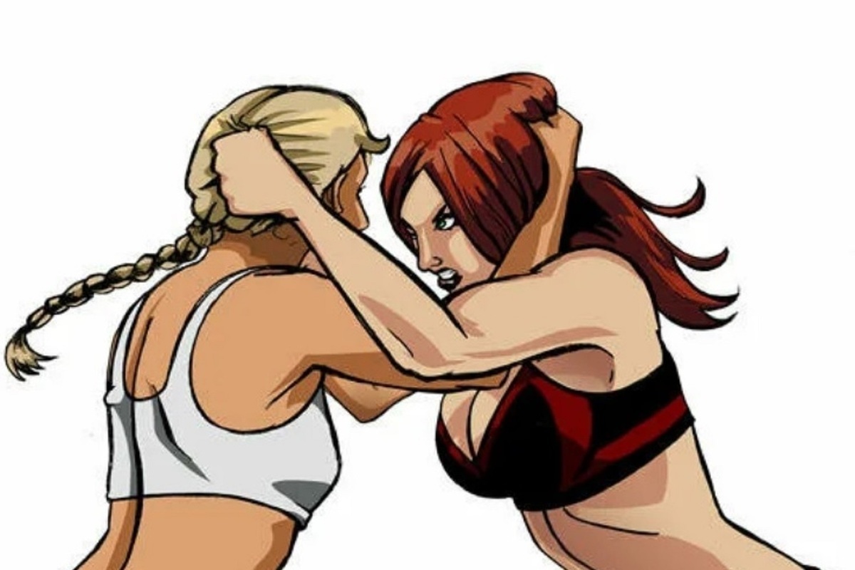 Blonde brunette lesbian wrestling