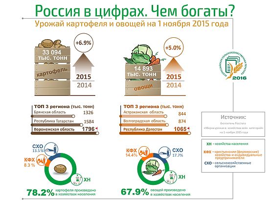 Россия в цифрах. Чем богаты? Урожай картофеля и овощей на 1 ноября 2015 года