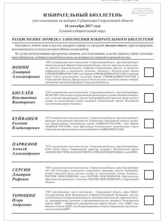 Свердловский избирком опубликовал бюллетень для выборов губернатора