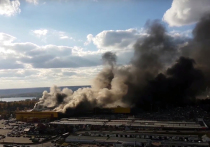 В Интернете появились первые кадры пожара в крупнейшем крытом торгово-строительном рынке "Синдика" на 65-м километре МКАД, который горит до сих пор на огромной площади