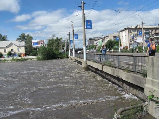 Бурные воды реки Читинка штурмуют мост в районе Пожарки