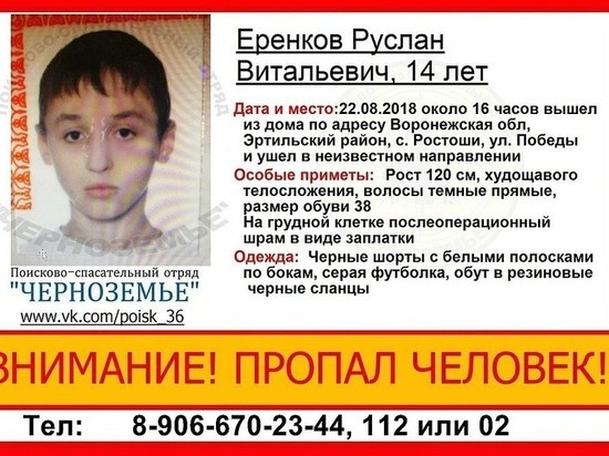 В Воронежской области пропал 14-летний школьник со шрамом