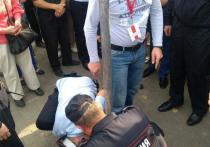 Активист штаба Алексея Навального в Пскове на акции против пенсионной реформы при приближении сотрудников полиции приковал себя наручниками к столбу, на котором размещается знак дорожного движения в Летнем саду в Пскове