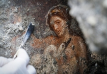 Итальянские археологи обнаружили на территории Помпей хорошо сохранившуюся фреску, на которой изображены обнаженная женщина и лебедь