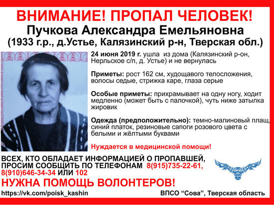 В Тверской области разыскивают хромую пенсионерку