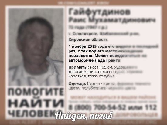 Пропавший в Кировской области мужчина найден погибшим