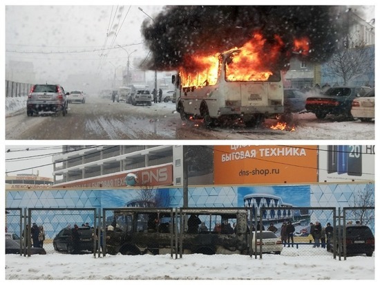 В Новосибирске на площади Маркса сгорел автобус ПАЗ