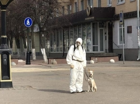 Тверитянин в защитном костюме предлагает жителям помощь в выгуле собак
