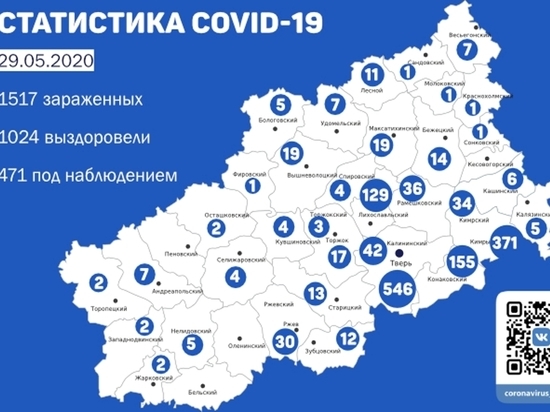 В каких районах Тверской области выявили 29 мая зараженных COVID-19