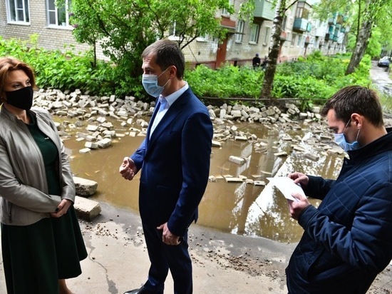 Мэр Ярославля посетил двор, в котором лужу замостили кирпичами