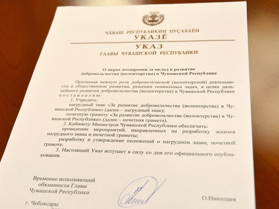 Николаев учредил нагрудный знак «За развитие добровольчества в Чувашской Республике»