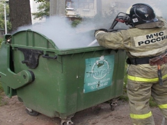 Мусорный контейнер тушили пожарные ночью в Пскове
