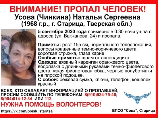 В Тверской области женщина ушла после полуночи и пропала