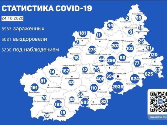 Опубликована актуальная карта распространения коронавируса в Тверской области на 24 октября