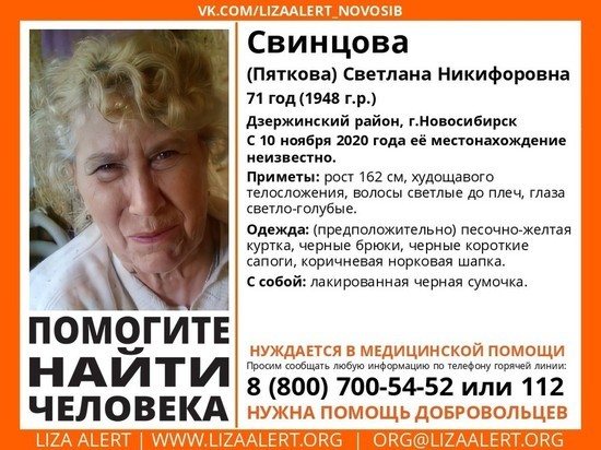 В Новосибирске пропала нуждающаяся в помощи медиков пенсионерка