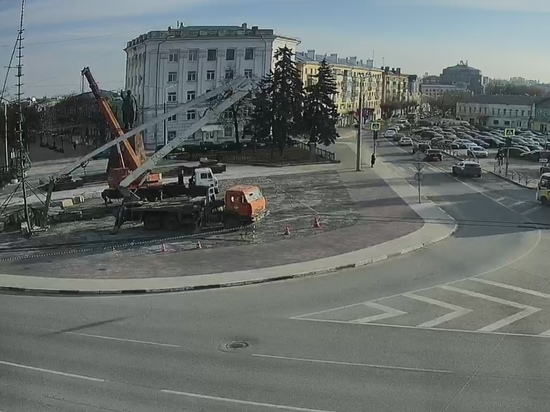На площади Ленина в Рязани начали устанавливать новогоднюю елку