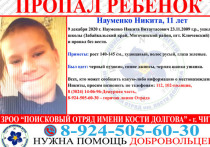 Одиннадцатилетний школьник Никита Науменко пропал без вести 9 декабря в поселке Ключевском Могочинского района, сообщили в официальной группе поискового отряда имени Кости Долгова