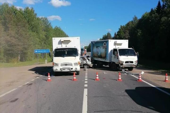 На шоссе Кострома-Киров «Ладу» зажало между двумя грузовиками-«корейцами»