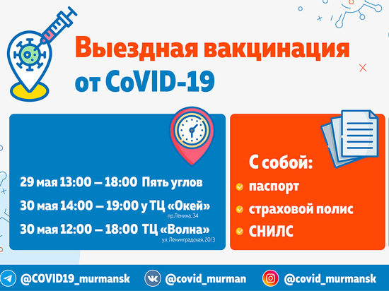 Три мобильных пункта вакцинации от CoVID-19 будут работать на выходных в Мурманске