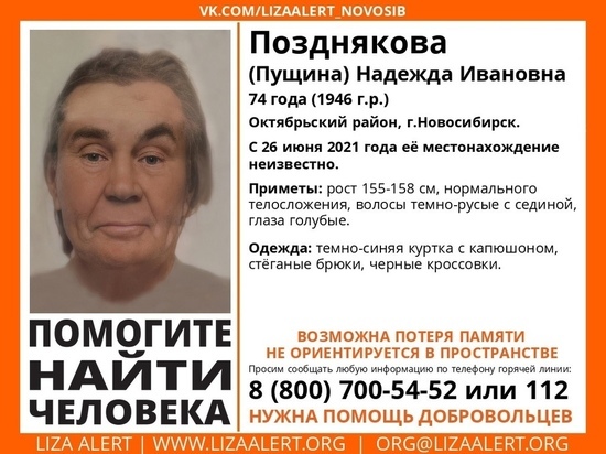 В Новосибирске пропала 74-летняя женщина в стёганых брюках