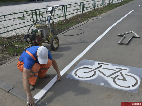  на улице Соколова-Соколенка во Владимире обновили разметку велодорожек и пешеходных тротуаров