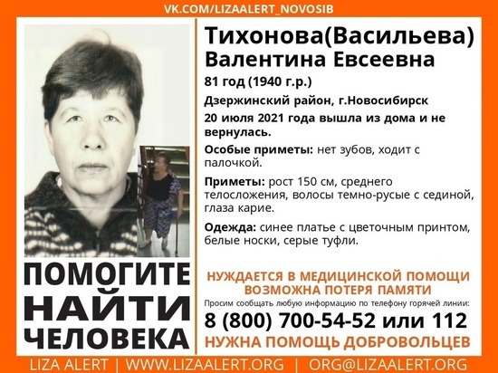 В Новосибирске пропала 81-летняя женщина с возможной потерей памяти