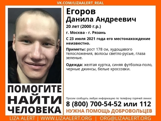 Рязанские волонтеры разыскивают 20-летнего молодого человека
