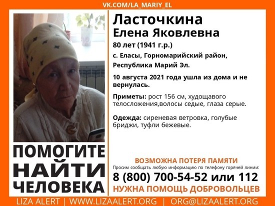 В Марий Эл ищут исчезнувшую 80-летнюю пенсионерку Ласточкину