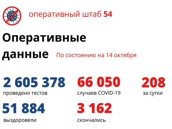 В Новосибирске 14 октября зарегистрировано 208 новых случаев COVID-19
