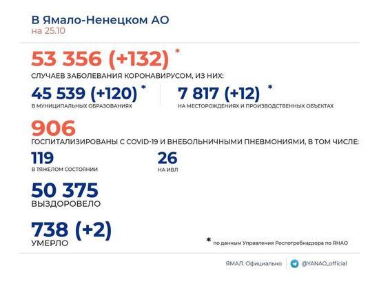 132 случая COVID-19 и 2 смерти среди заболевших за сутки подтвердили в ЯНАО