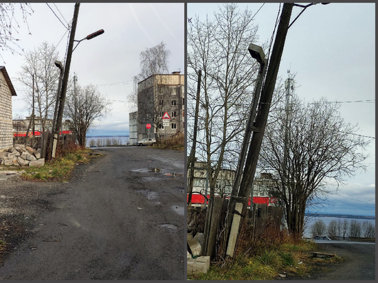 Жители Петрозаводска жалуются на покосившийся фонарь