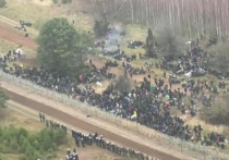 Сотням мигрантов удалось прорвать белорусско-польскую границу — на кадрах с места событий видно, как толпа проходит через пролом в металлическом ограждении