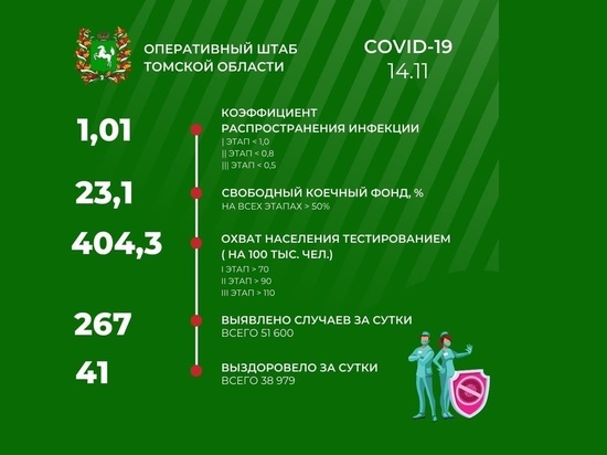 В Томской области 14 ноября зарегистрировано 267 новых случаев COVID-19