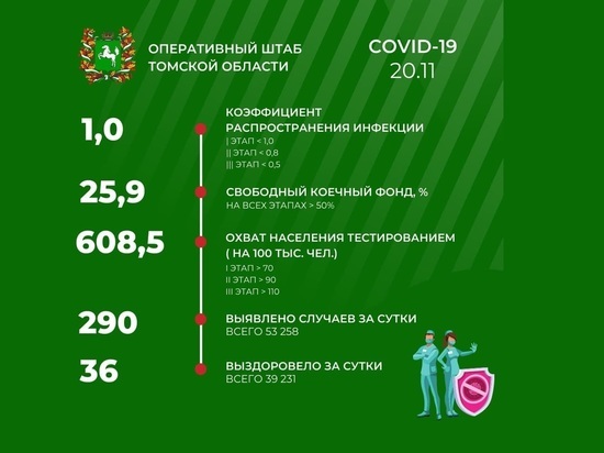 В Томской области 20 ноября зарегистрировано 290 новых случаев COVID-19