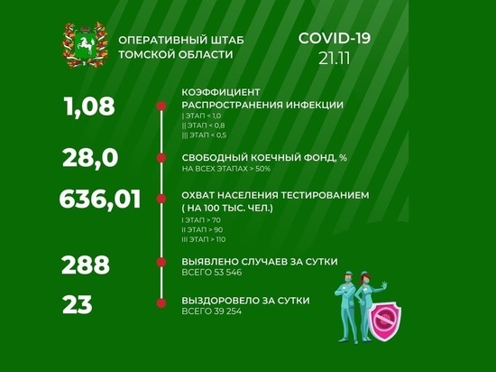 В Томской области 21 ноября зарегистрировано 288 новых случаев COVID-19