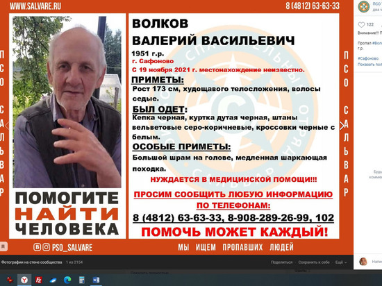 Пропавшего 19 ноября мужчину 1951 года рождения ищут в Смоленской области