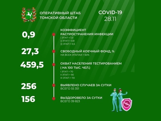 В Томской области 28 ноября зарегистрировано 256 новых случаев COVID-19