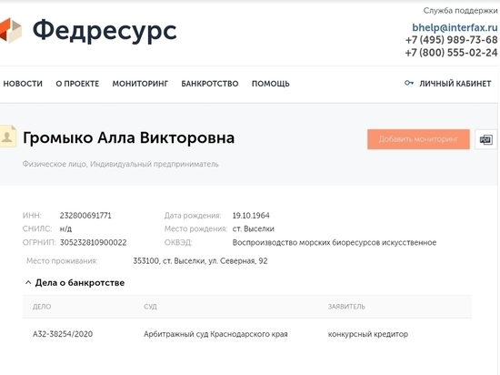 Суд признал банкротом супругу экс-вице-губернатора Кубани Аллу Громыко