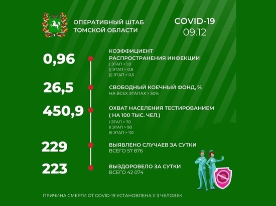 В Томской области 9 декабря зарегистрировано 229 новых случаев COVID-19