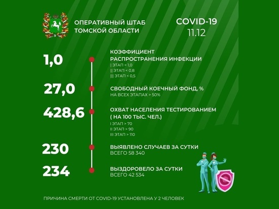 В Томской области 11 декабря зарегистрировано 230 новых случаев COVID-19