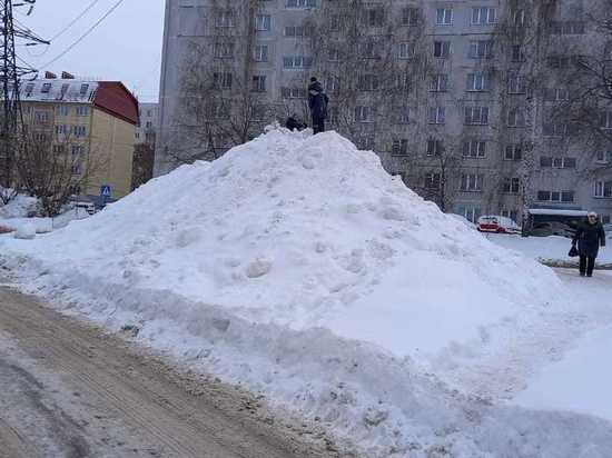 Дети используют неубранные кучи снега вместо горок в Новосибирске