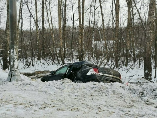 На Ряжском шоссе в Рязани Opel врезался в столб и улетел в кювет
