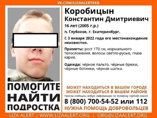 16-летнего пропавшего подростка разыскивают в Екатеринбурге