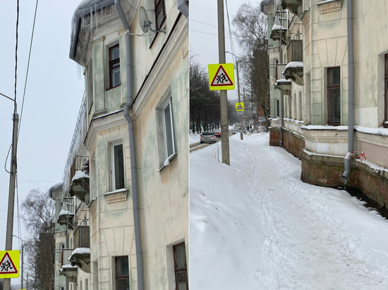 Жители Смоленска боятся ходить по улице Твардовского из-за сосулек над тротуаром
