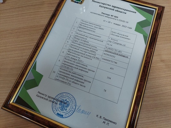 Калужская сбытовая компания получила  Паспорт коллективного иммунитета