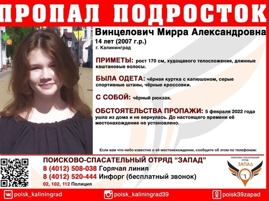 В Калининграде разыскивают 14-летнюю девочку