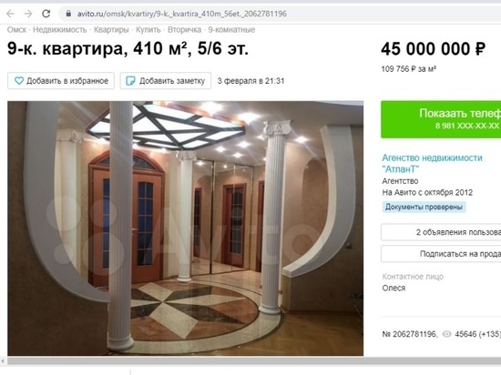 В Омске продают двухуровневую квартиру с финской сауной за 45 млн рублей