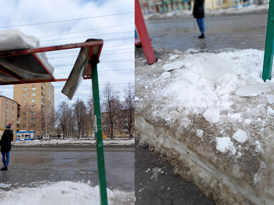 В Петрозаводске лед со снегом продавил крышу остановки