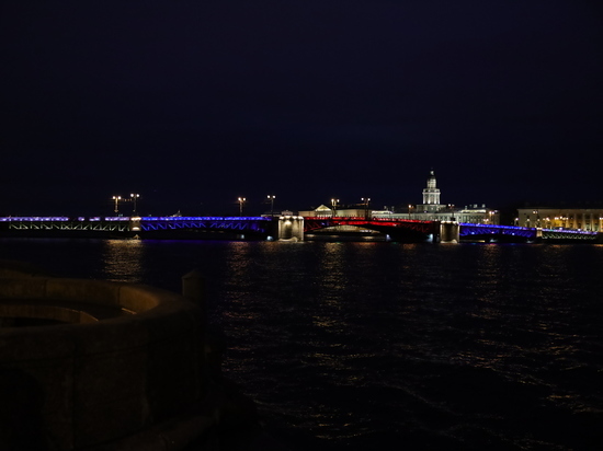 Дворцовый мост в Петербурге окрасился в российский триколор в ночь на 19 марта