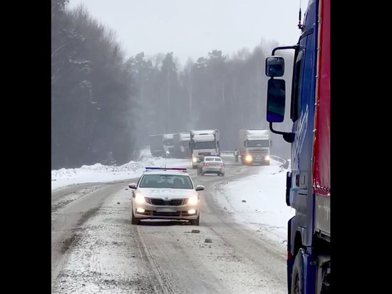 В Челябинской области на трассе М-5 из-за снегопада фуры не могут продолжить движение
